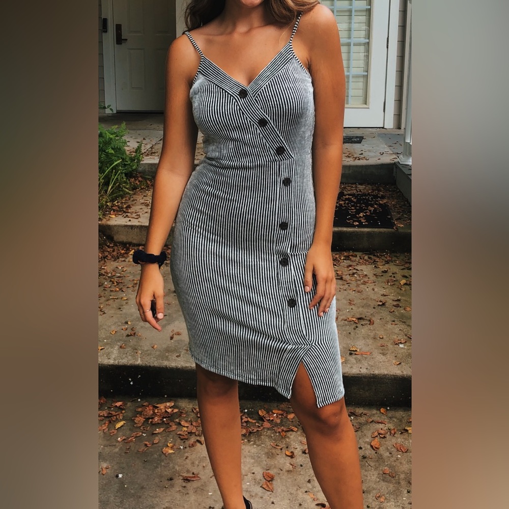 Caution to the Wind Black and white striped midi dress